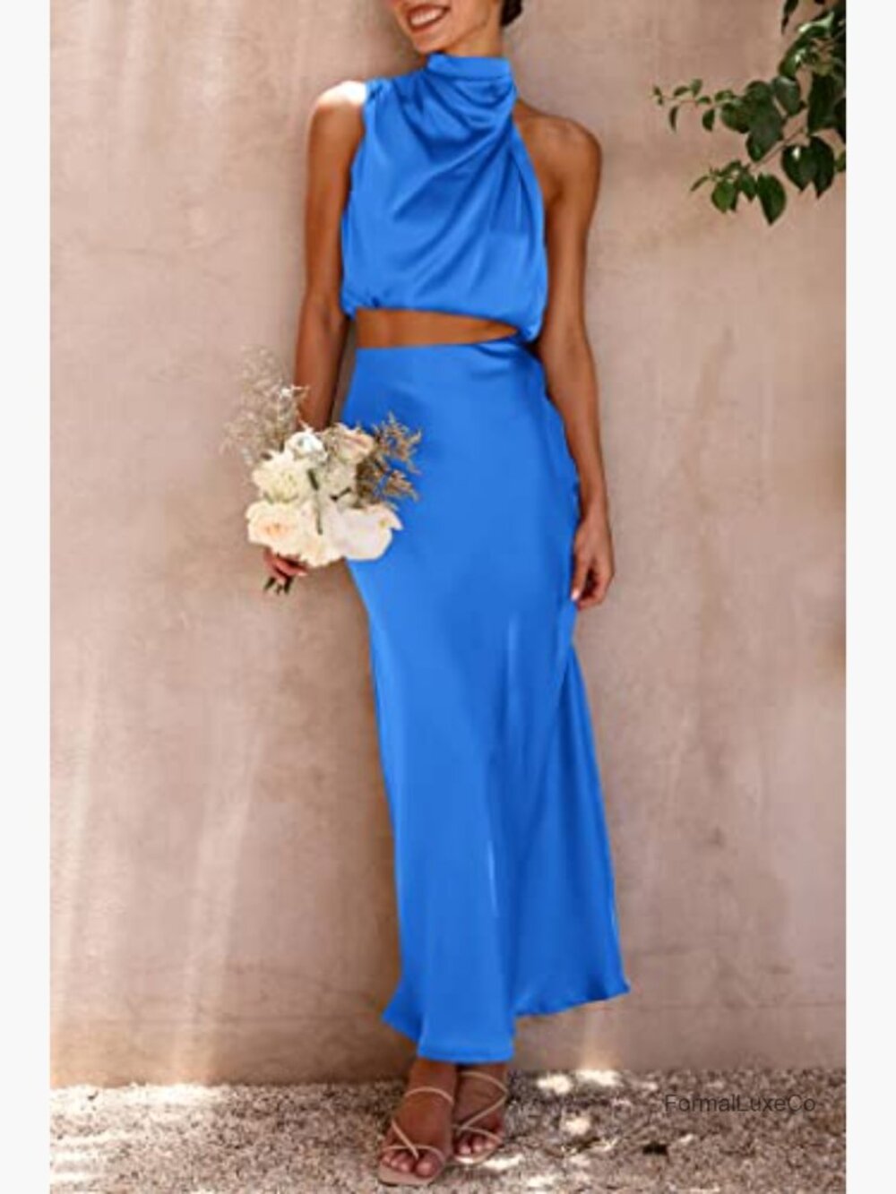 2 Piece Satin Mock Neck Crop Top & Maxi Skirt Set Summer Outfit - Picture 6 of 7